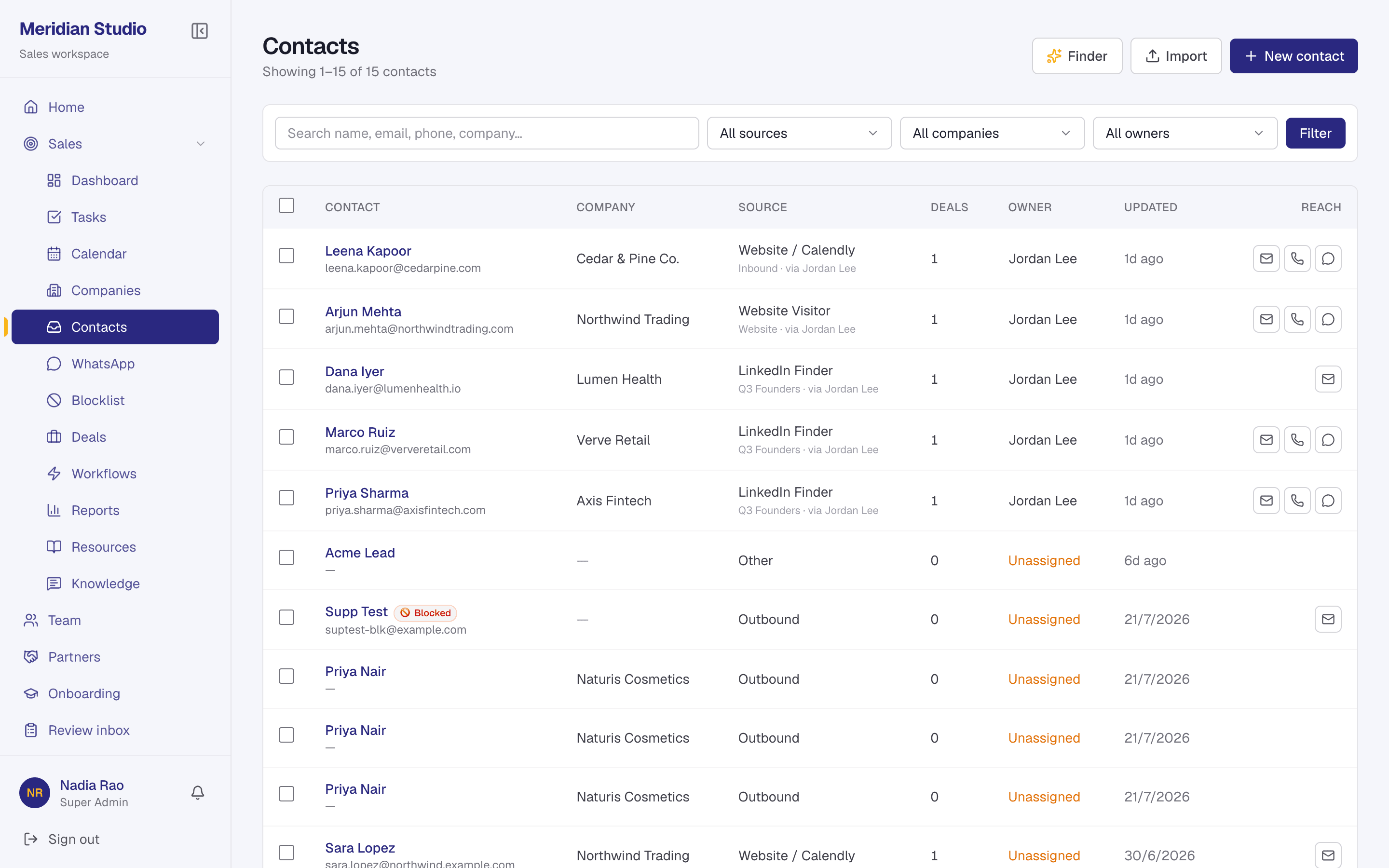The contacts list, showing enriched leads with verified emails, phone numbers and their source.