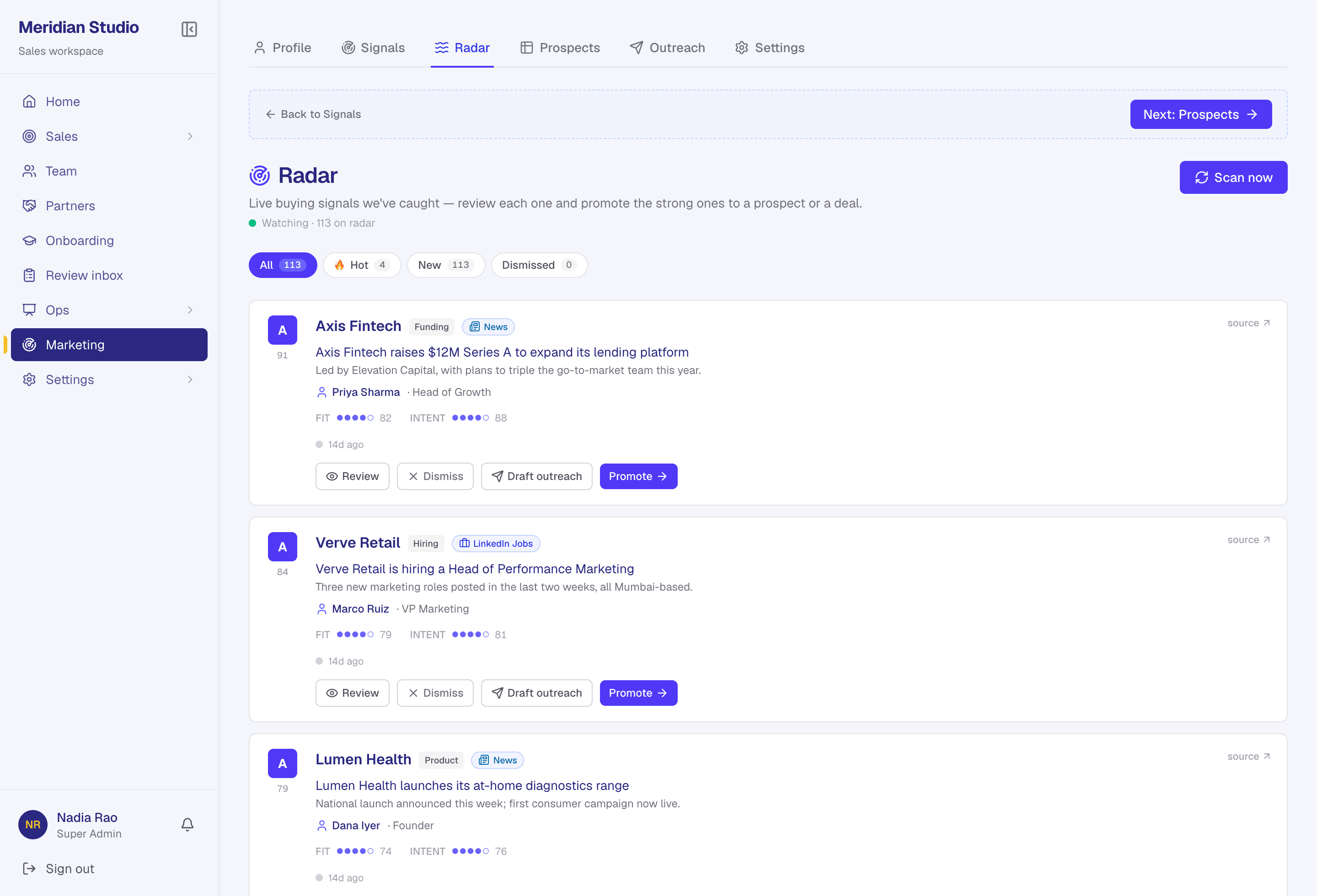 The Radar feed listing live buying signals, each scored for fit and intent with the decision maker named.